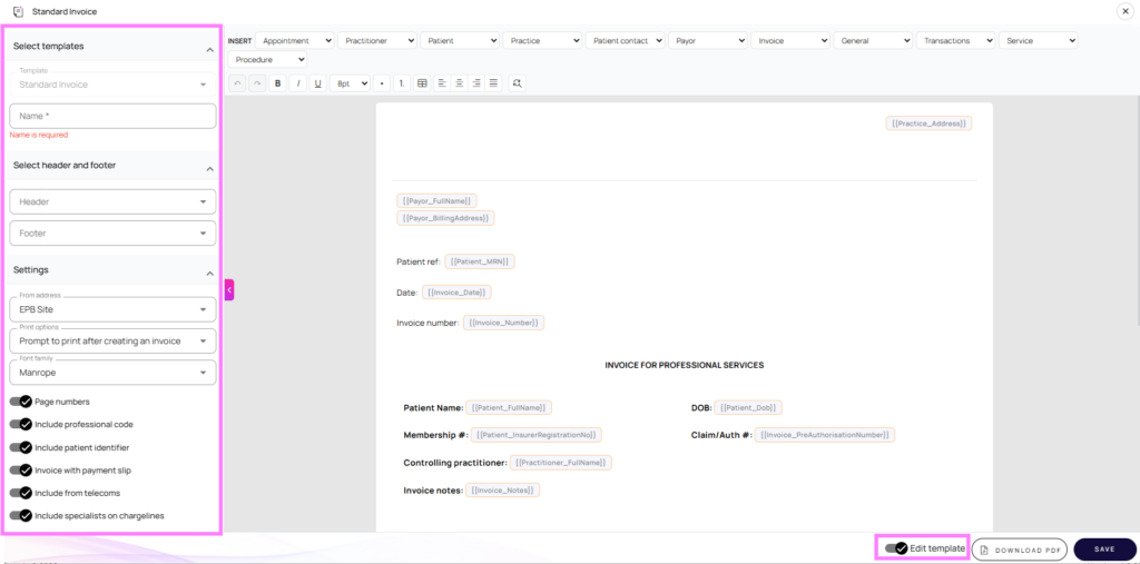Edit a standard template