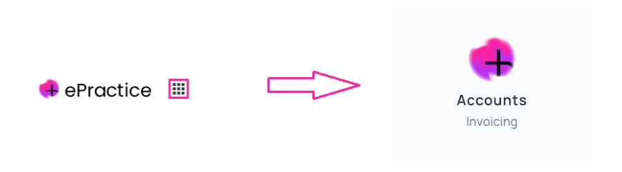 Steps showing how to get to the Accounts section by clicking the ePractice waffle menu then Accounts